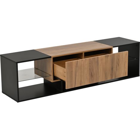 Modernes TV-Lowboard 160 cm Schwarz/Holz mit LED, 2 Schubladen und Glasböden (1/5)