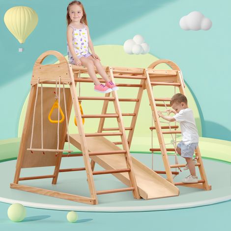Ensemble de jeux d'escalade 7-en-1 en bois massif, contreplaqué et hêtre. Balançoire, échelle, toboggan à plaques, filet d'escalade, pierres en plastique, anneaux. Convertible en cabane-tente. (1/5)