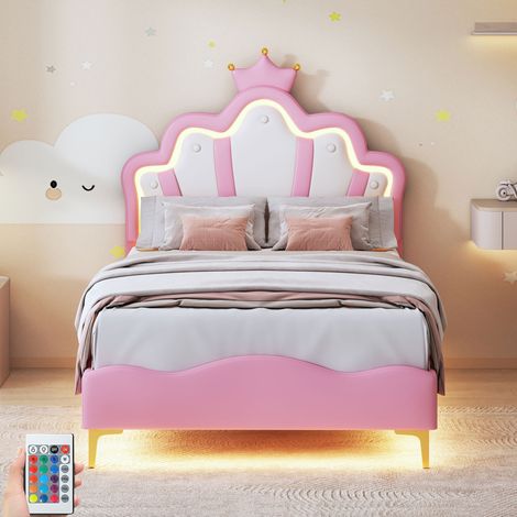 Einzelbett 90x200 cm, gepolstertes Kopfteil in Blumenform und Krone mit LED-Beleuchtung, Lattenrost aus Holz, Prinzessinnen-Kunstleder-Kinderbett - Rosa
