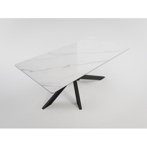 Esszimmertisch ELLEN 180x90cm weiße Keramikplatte schwarzes Kreuzgestell (1/4)