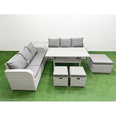 Fimous Outdoor Garden Furniture Sets 9 Seater Wicker Rattan Furniture Sofa Sets with Rectangular Dining Table high Back Lounge Sofa 3 Stools Side Table Light Grey (1/4)
