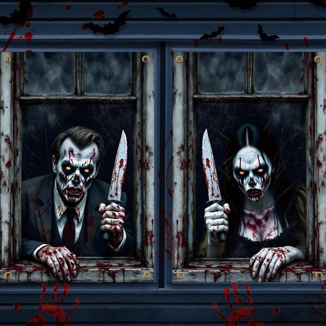 Décorations d'Halloween pour fenêtres : rideaux, guirlandes, fanions pour une fête d'Halloween en extérieur (2 pièces) - 80 x 120 cm - NG-11