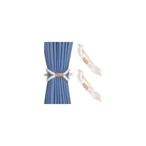 Set mit 2 handgefertigten Raffhaltern im Bohème-Stil mit Holzkeule – Beige Baumwollseil – Raffhalter für Gardinen – Dekoration im rustikalen Stil – Crezuo