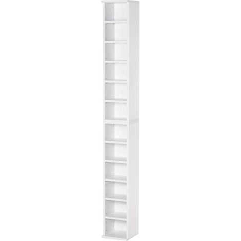 Étagère blanche pour CD et DVD 12 compartiments, capacité 204 CD, réglable, 21x22,5x88,5 cm, compacte et pratique (1/5)