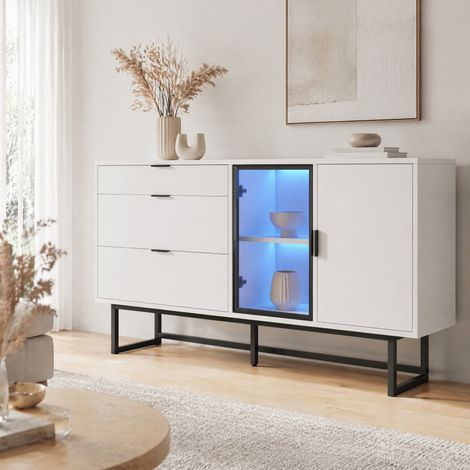 Buffet vitré 160 x 36 x 78 cm avec LED, 3 tiroirs, MDF et panneau de particules blanc HAVRYA (1/5)