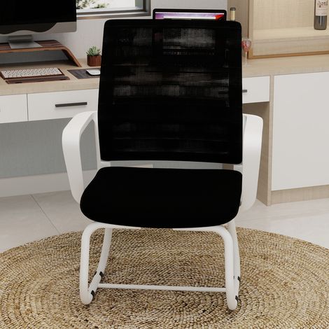 DESMIU Chaise de Bureau avec Dossier en Maille Respirante et Accoudoirs Intégrés, Structure Cantilever, Métal Maille Tissu Bois, Noir Blanc (1/5)