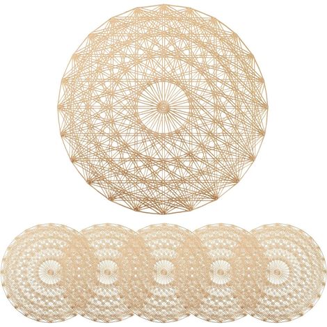 [6 Pack Round PVC Placemats, Hollow Placemat with Mandala Pattern, Non-Slip Mat, Washable, Heat Resistant for Kitchens, Restaurants and Hotels - Gold (1/5)