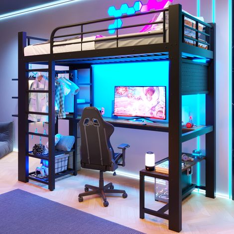 Kinder-Hochbett 90x200 cm mit Schreibtisch, Stauraum, Kleiderstange und LED, Metall schwarz HAVRYA (1/5)