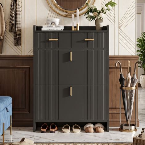Creahappy Meuble à Chaussures Étroit 75x24x108,5 cm - Gain de Place avec 2 Portes Battantes et 2 Tiroirs - Noir et Doré (1/5)