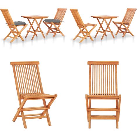 Set de bistró 3 pzas madera maciza de teca con cojines grises - Muebles de jardín - Bistró