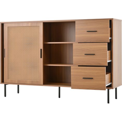 Buffet 2 portes coulissantes et 3 tiroirs, étagères réglables, effet bois naturel 140 cm (1/5)