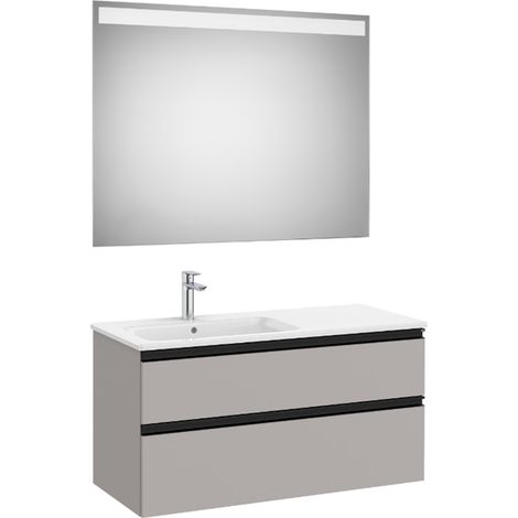 Pack meuble "The Gap" 1000 - 2 tiroirs + lavabo slim gauche + miroir LED - gris moyen mat/poignées noires - Roca (1/2)