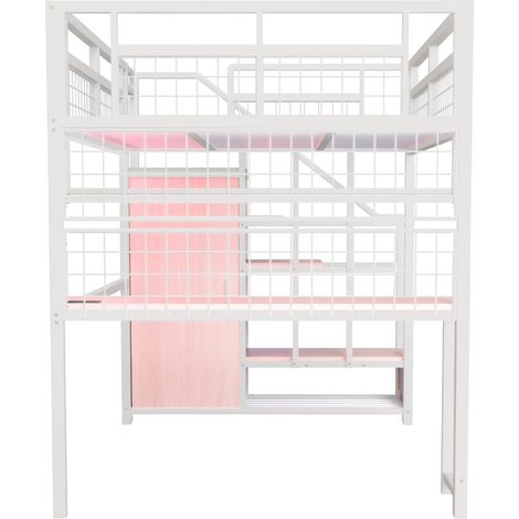 Cama alta de metal 140 x 200 cm blanca con escritorio, estantería, escalera y LED (1/5)