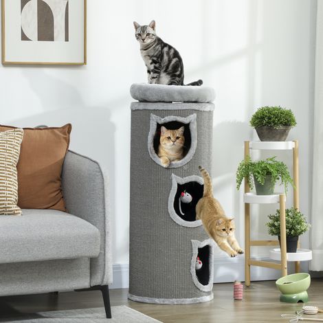 Rascador cilíndrico para gatos, 96 cm, torre de 4 niveles con cama lavable, 3 cuevas para dormir, juguetes colgantes, para varios gatos, gris