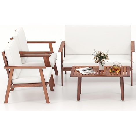 GOPLUS Salon de Jardin Exterieur 4/8 Personnes en Bois Acacia FSC, Canapé Jardin Balcona avec Table Basse, Fauteuil Bois, Siège Rembourré (4 Personnes,Blanc) (1/5)