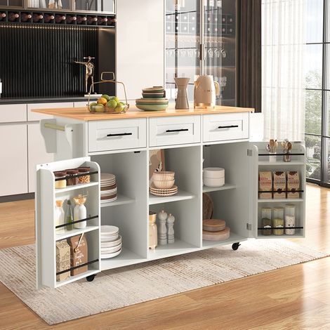 Chariot de cuisine, grand chariot de service / buffet, corps du meuble + plan de travail pliable, porte de rangement, roulettes, pieds en bois massif interchangeables. (1/5)