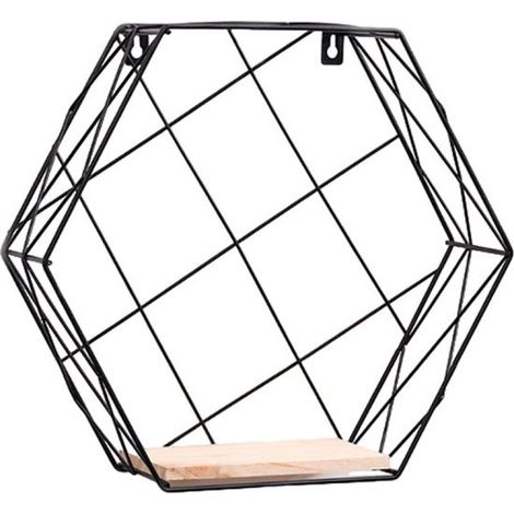 Grande étagère murale hexagonale - Métal croisé - Décoration murale - 1 niveau - Noir - 29 x 33 x 11 cm (1/5)