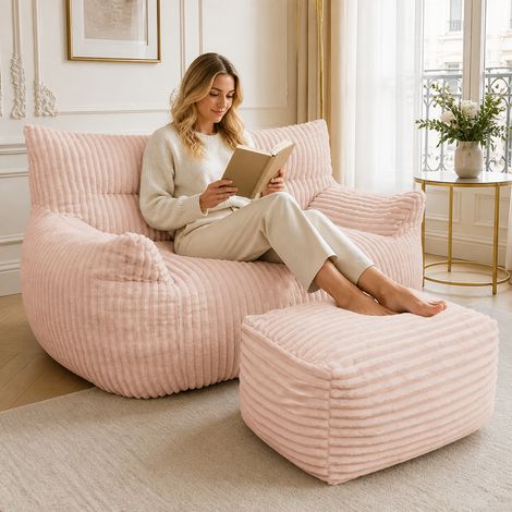 Canapé 2 Places en Velours Côtelé avec Pouf Repose-Pieds – Canapé Relax Surdimensionné pour Adultes et Enfants, adapté au Salon, Chambre, Dortoir et Balcon – Rose (1/5)