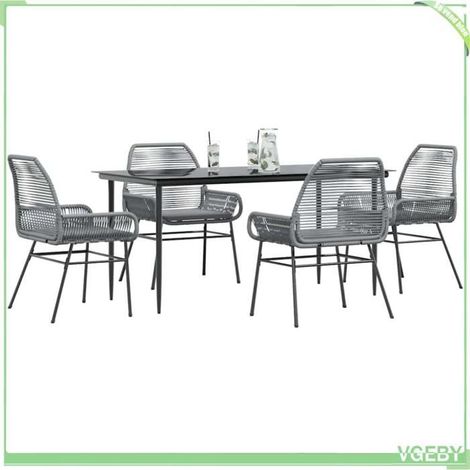 Ensemble à manger jardin - FAF7291712450648 - Poly rotin gris - Table verre trempé 160x80 cm - 4 chaises avec coussins (1/5)
