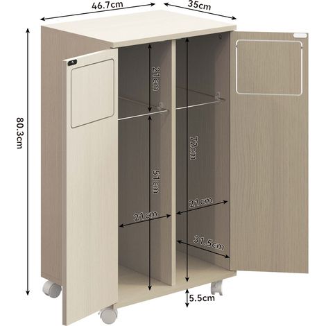 Armoire à déchets 2 bacs, placard de cuisine roulant aspect bois clair, meuble de tri avec 2 portes et roulettes blanches, pour cuisine et salle à manger, 46,7x35x80 cm (1/5)
