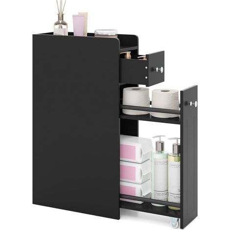 COSTWAY Mobile da Bagno Piccolo, Mobiletto Salvaspazio Stretto a 4 Ripiani con Cassetti Estraibili su Ruote, Credenza Sottile da Terra Porta Carta Igienica per Spazi Ridotti (Nero) (1/5)