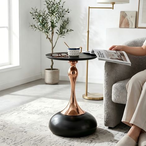 Table d'appoint ronde noire 38 cm, table basse moderne Martini avec piètement métallique, table d'extrémité pour salon, table de chevet pour chambre, table d'accent d'angle pour lit, table de balcon p