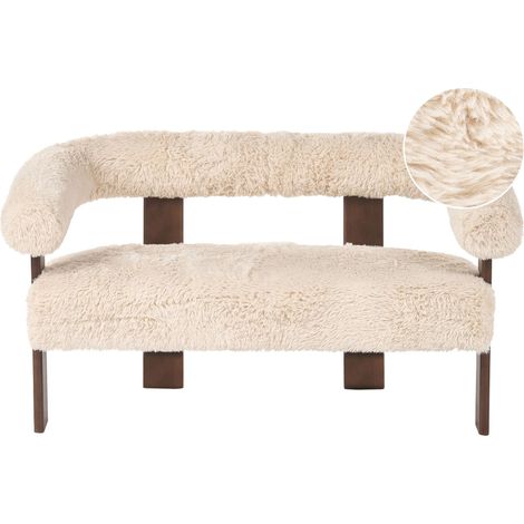 Divano a 2 posti rivestimento in pelliccia sintetica e gambe in legno marrone scuro colore bianco sporco Ilbro
