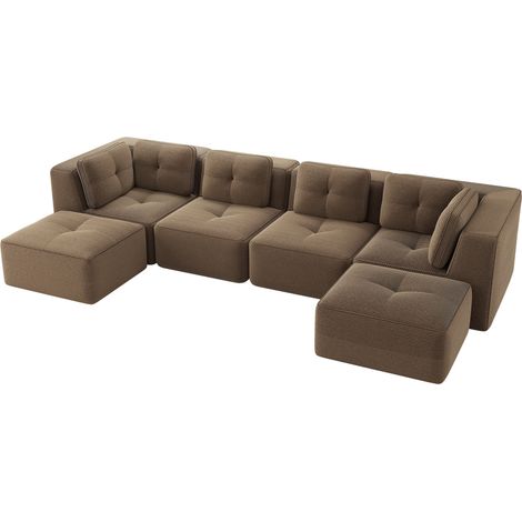 Sofá modular de salón en U con otomana de pana marrón 386x177x69 cm HOMVRA (1/5)