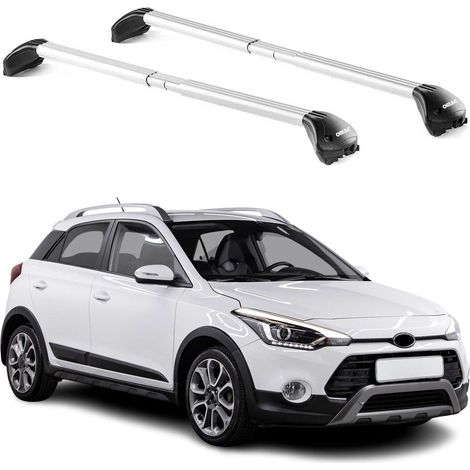 OMAC Barres de toit transversales certifiées TÜV pour Hyundai i20 Active 2016-2020 – Verrouillables (4 antivols) – Charge max 100 kg – Sangle inox + protection caoutchouc Argent (1/4)