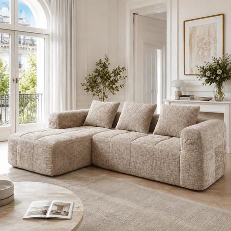 Canapé d'angle - SOGEU - Canapé d'angle chaiselongue en chenille - Réversible - Khaki - 3 coussins amovibles (1/5)