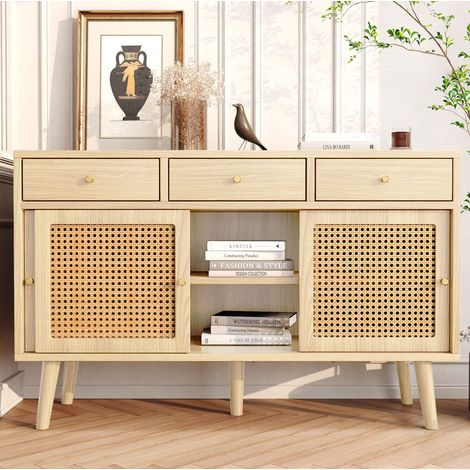 Buffet 3 portes coulissantes et 3 tiroirs, MDF effet chêne, rangement modulable, DESVIAE (1/5)