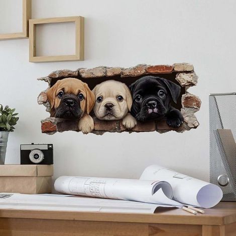 Sticker Mural 3D Chiens Mignons Effet Trou dans le Mur Trompe-il Autocollant Décoratif Animaux pour Salon ou STICKERS (1/5)