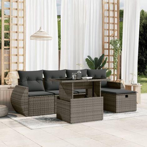 Set de muebles de jardín 6 pzas y cojines ratán sintético gris vidaXL (1/5)