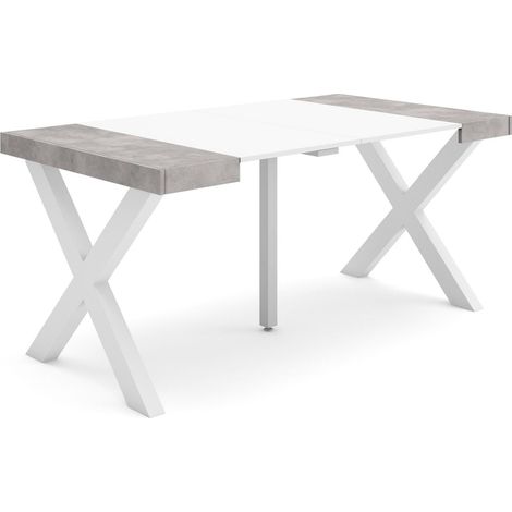 Skraut Home - Table console extensible, Console meuble, 160, Pour 8 personnes, Pieds bois massif, Style moderne, Blanc et Gris Ciment (1/5)