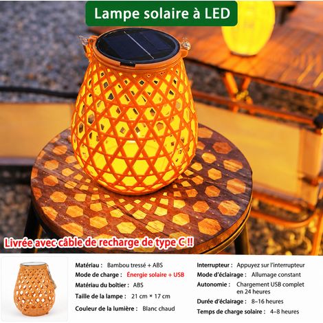 Lanterne suspendue rétro en bambou tressé solaire et USB avec câble de charge usb rechargeable réf 18,5 × 18,5 × 22,5 cm 446 g – Livraison gratuite