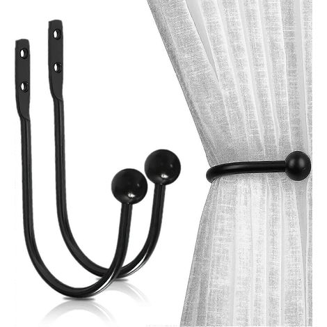 Attaches de rideaux, lot de 2 crochets avec vis, fixation murale, accessoires pour rideaux de douche et de fenêtre, noir (1/5)