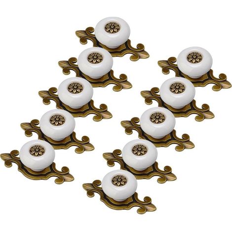 Poignées d'armoire, 10 pièces, design antique, boutons de meubles en porcelaine blanche et vieil or, poignées, boutons, boutons de meubles, poignées de meubles (1/4)