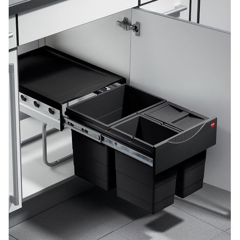Poubelle de cuisine tri sélectif 3 bacs encastrable 34L (18+8+8) Hailo AS Raumspar Tandem Coloris - Noir (1/5)