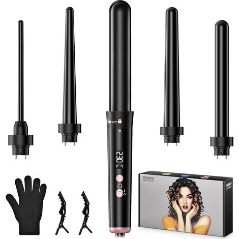 Fer à Boucler 5 en 1, Fer à Friser Boucleur Cheveux Céramique avec 5 Embouts Interchangeables 9-32mm pour Petites et Grosses Boucles, Chauffage Rapide, Température Réglable avec Gant et Pinces (1/5)