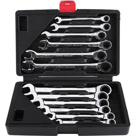 12 Pièces Clé à cliquet Kit d'outils 8–19mm Clé Mixte Professionelle Clé à Cliquet Cle Plate a Cliquet avec Valise à Outils, Angle de retour 5°, cliquet de qualité 72 dents (1/5)