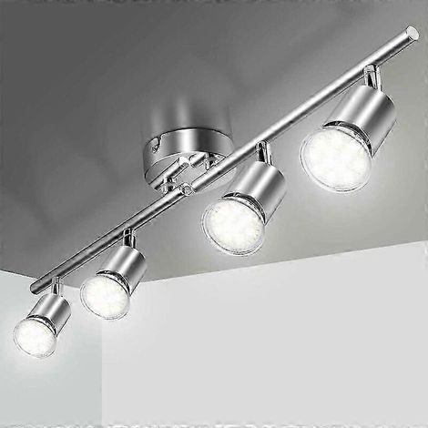 Kit d'éclairage sur rail de 8 m (26,25 pi) à 4 spots - Orientable à 270° et inclinable à 90°, finition nickel brossé, avec 4 ampoules DEL GU10 de 5 W, pour cuisine, salon, etc. (1/5)