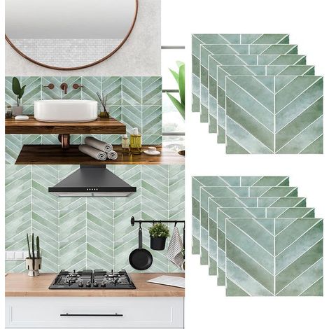 Crédence Carrelage 3D Losange Vert - Lot de 5 Plaques Adhésives Étanches en Forme de Diamant, Style Contemporain (1/5)