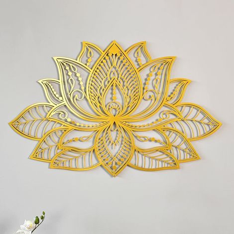 Décoration murale en métal, style mandala, fleur de lotus, minimaliste, zen, pour intérieur (43 x 27,5 cm, doré)