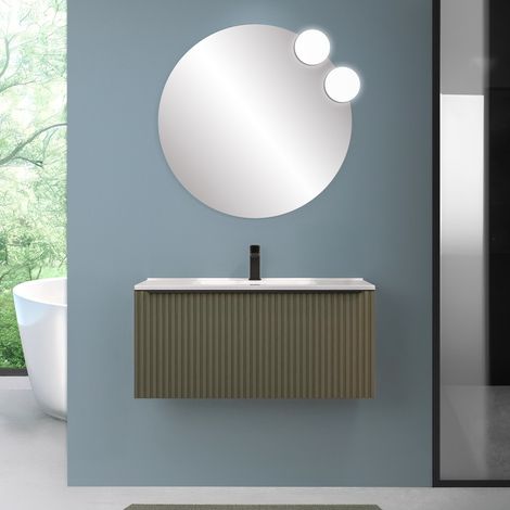 Mobile bagno sospeso 100 cm verde opaco cannettato con cassetto e lavabo Nara (1/5)