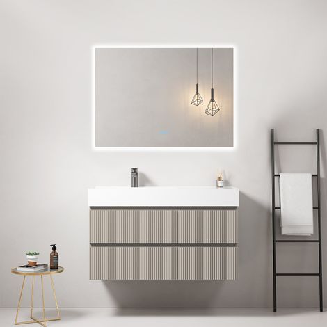 Mobile bagno sospeso cannettato 100 cm Grigio Cenere Lavabo a Sinistra in Resina Specchio Quadro Retroilluminato - Fiji Paint (1/4)