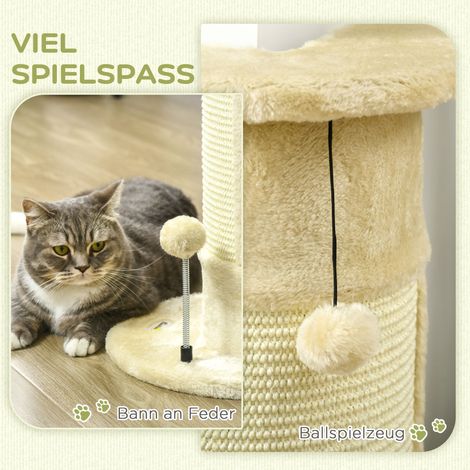 Arbre à chat avec accessoires de jeu, comprenant 2 balles. Peluche moelleuse, 34 cm x 25,5 cm x 58 cm, blanc crème (1/4)