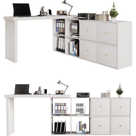 ELVMI Scrivania Angolare Girevole 360° con 4 Scomparti e 4 Cassetti, Antiribaltamento, Ufficio, Bianco, 120x48x78 cm (1/5)