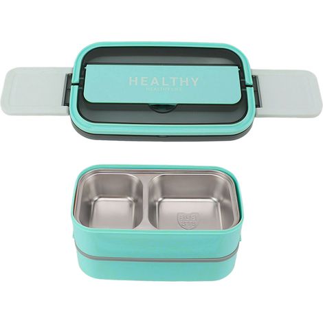 Boîte repas bento double étage en acier inox 316 compartimentée transportable pour école travail bureau 1400 ml vert 21.5x11.7x11 cm avec 1 paire baguettes et 1 cuillère (1/5)