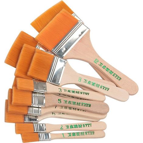 Set mit 12 flachen Nylonpinseln mit Holzgriffen, für Ölmalerei und Grillen, Künstlerzubehör