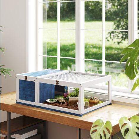 Enclos pour tortue en bois à 2 espaces avec dessus ouvrant 91 x 60,5 x 32 cm bleu DESVIAE (1/5)